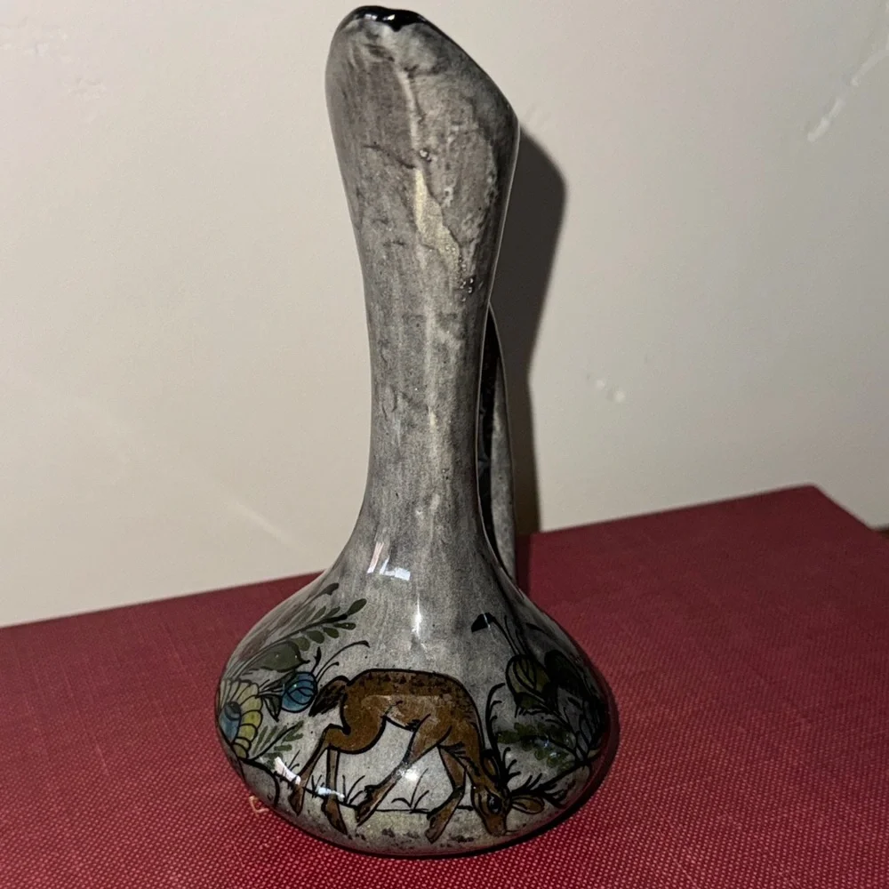Vintage Handcrafted Mexican Floral Animal Folk Art Pottery Vase Glazed Marked